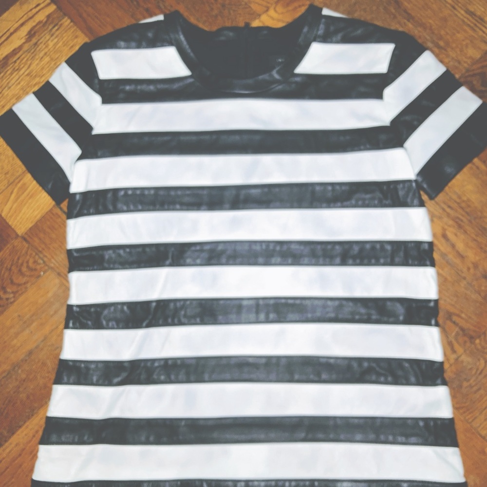 Theory Striped Leather Tee with zipper
